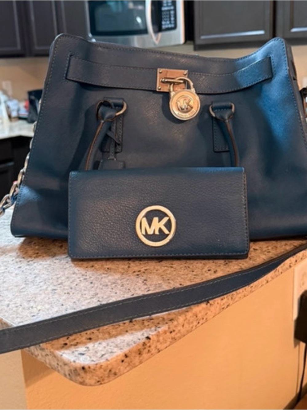 Michael Kors Navy Leather Shoulder Bag with Matching Wallet and Gold Hardware
